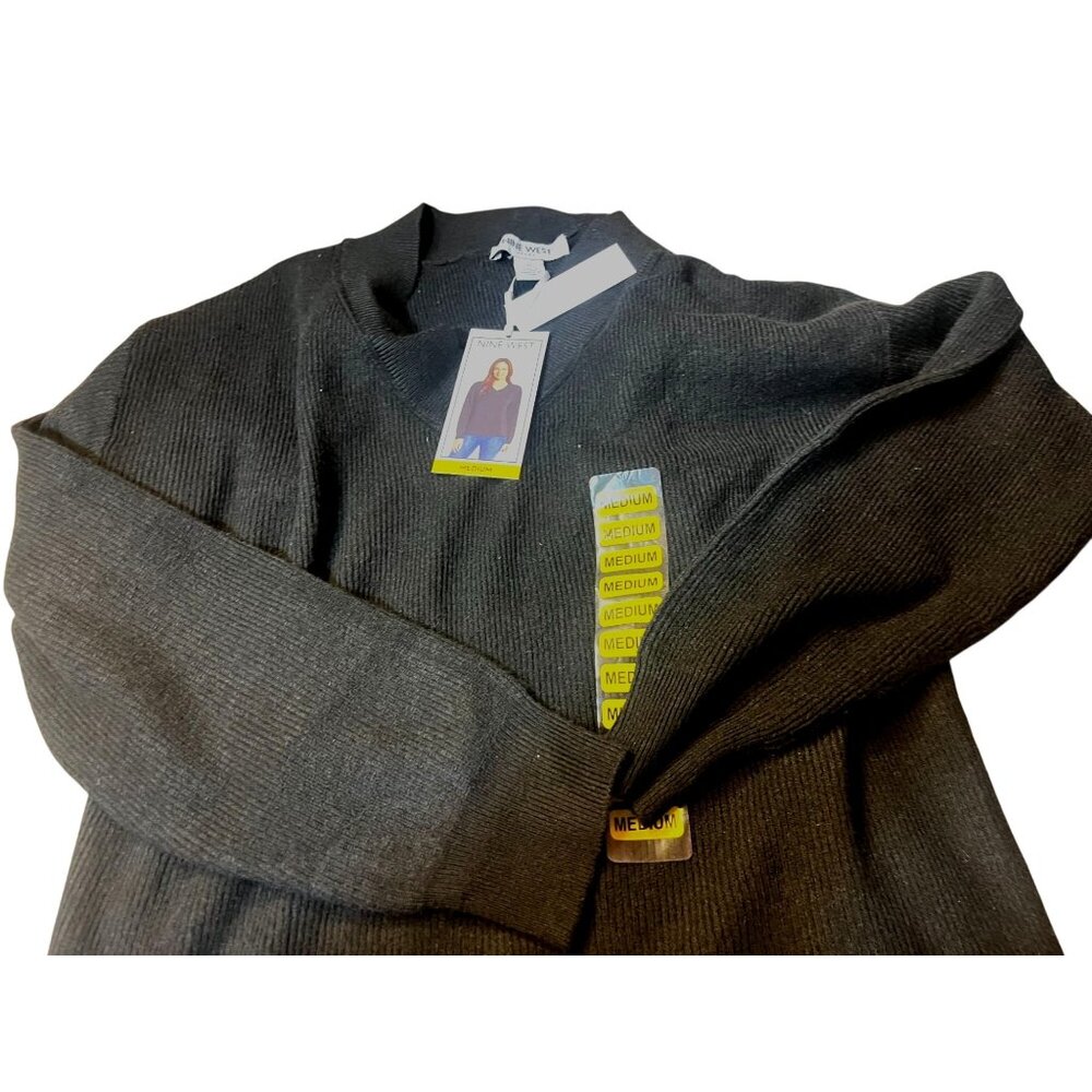 Nine West Anthracite Black Womens Medium Long Sleeve V Neck Knit Sweater